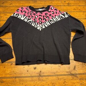Bar III Women Black Pink Leopard Zebra Print Chevron Knit Sweater Size L‎